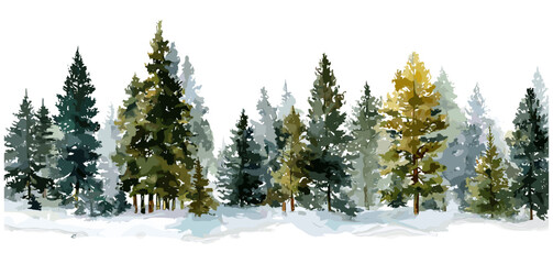 Snowy christmas trees in forest, hand painted watercolor landscape, holiday background scene, wide layout, mountain trees, greeting season art, scenic nature, vector illustration, png.