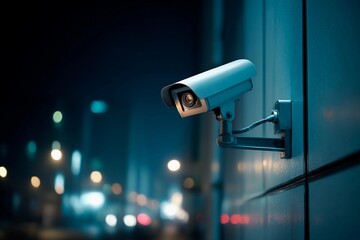 A security camera is mounted on a wall, monitoring a lively urban street during the night. Bright city lights create a vibrant atmosphere, enhancing safety in the area