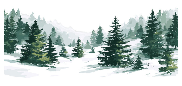 Hand drawn christmas tree forest, winter holiday landscape, watercolor vector illustration, wide background, snowy woods, nature scenery, greeting card scene, mountain forest, png.