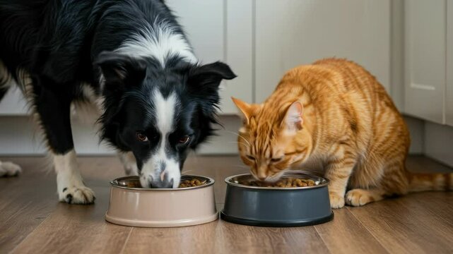 Border collie dog and ginger tabby cat eating together from separate bowls on wooden floor indoors