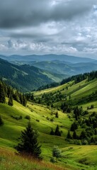 Fototapeta premium Scenic view of lush green rolling hills and forested mountain landscape under cloudy sky