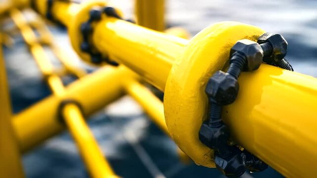 Close-up of intersecting yellow pipes forming a T-joint, secured with thick steel bolts and reinforced welds, light glinting off the metal surfaces, offshore platform grating just
