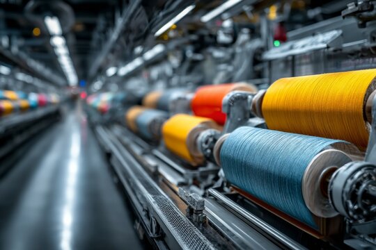 Spools of Colorful Thread on Textile Machinery in a Manufacturing Plant