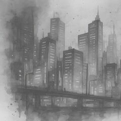 An artistic monochrome depiction of a sprawling cityscape, painted with an evocative watercolor effect, capturing the essence of urban life and architecture. 