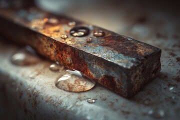 Rusty Metal Bar with Water Droplets on a Weathered Grungy Surface