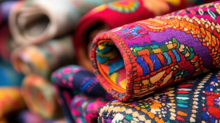 Vibrant Rolled Fabrics in Colorful Patterns for Textile Enthusiasts