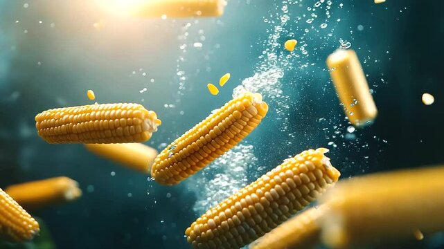 Golden corn cobs floating in a boiling pot, their kernels glistening under steam, surrounded by hints of herbs and salt, reflecting a simple and wholesome vegetarian snack