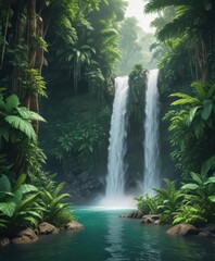 Emerald waterfall cascades through vibrant tropical foliage ,  environment,  tropical