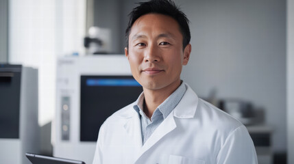 Confident Scientist: A focused Asian scientist wearing a crisp white coat, embodying the pursuit of knowledge, smiles confidently.
