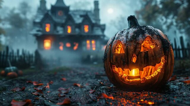 lentera labu halloween di depan rumah hantu