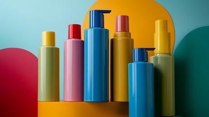 Obraz premium Colorful cosmetic bottles arranged on a display.