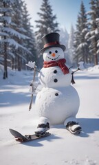 Fototapeta premium Frosty snowman amidst untouched snow; snowboard & ice skates scattered , snowflake, winter wonderland, icy