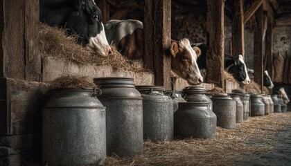 Obraz premium Cows feeding in a rustic barn with milk cans in the foreground