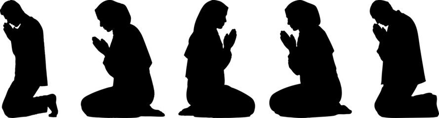 Praying People Silhouettes Collection Diverse Faith Kneeling Posture Worship