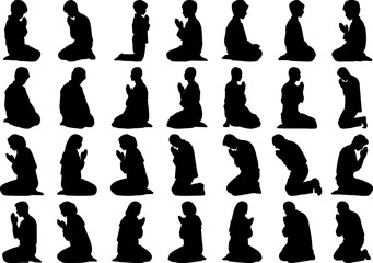 Diverse Silhouettes of Praying People Kneeling in Prayer Poses