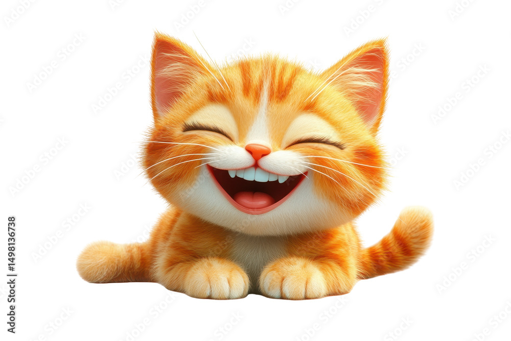 Poster Cute smiling orange kitten sitting happily with closed eyes and a joyful expression, creating a cheerful atmosphere in a playful design