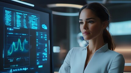 Smart Analysis: A focused woman stands confidently before a digital display, her gaze fixed upon the data it presents, suggesting expertise and technological acumen.