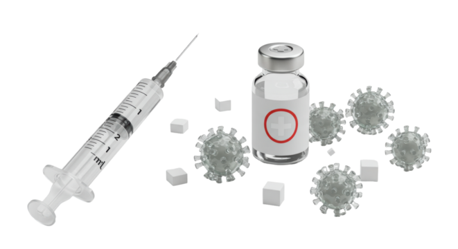 Isolated Vaccine Vial and Syringe with Surrounding Virus Models