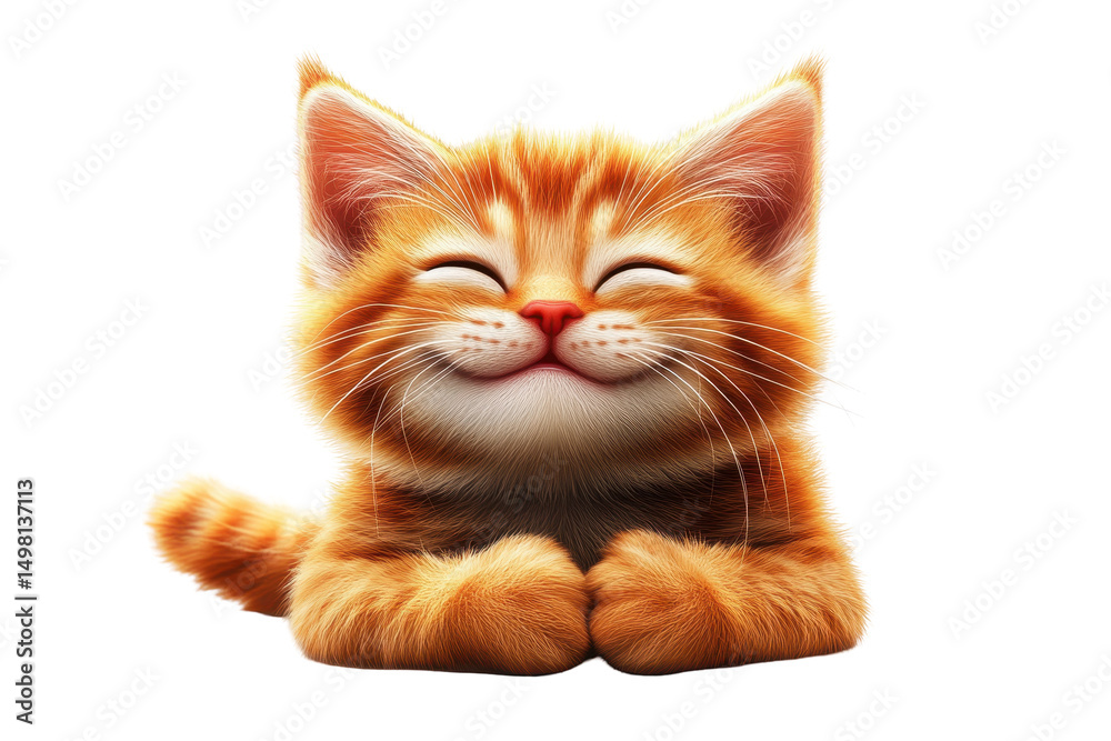 Poster Cute smiling orange kitten sitting happily with closed eyes and a joyful expression, creating a cheerful atmosphere in a playful design