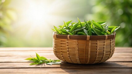 Matcha Tea Harvest in Traditional Japanese Farm Concept, Fresh green plants in a woven basket, set against a softly lit background.
