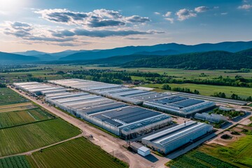 Expansive greenhouses cover a large area of farmland surrounded by rolling hills and mountains