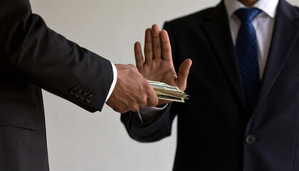 Man in suit rejecting cash with hand gesture, symbolizing refusal, honesty, or anti-corruption.
