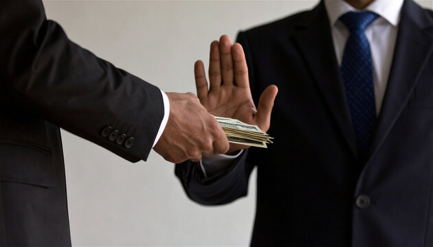 Man in suit rejecting cash with hand gesture, symbolizing refusal, honesty, or anti-corruption.

