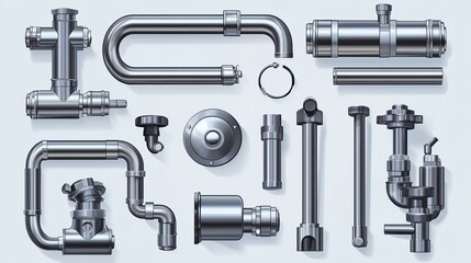 3D realistic vector set of stainless steel metallic pipes and plumbing fittings, featuring components for water, fuel, and gas supply systems, oil refinery pipelines, and bolted house sewer sections