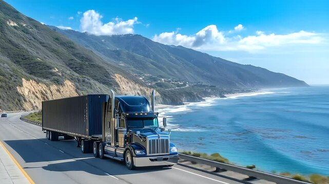 Long haul truck with a massive container cruising along a coastal highway, ocean in the background, symbolizing import-export shipping and international trade