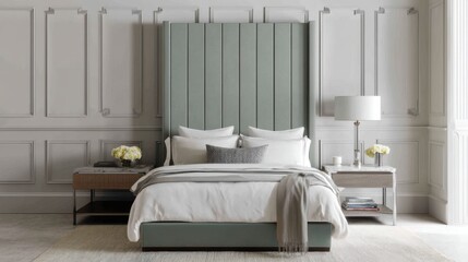modern eclectic french loft bedroom full view, tall headboard with vertical panels, dusty sage and wood, compact bed, clean linen, decorative molding