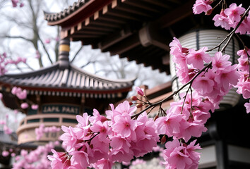 Pink and white Japanese cherry blossoms bloom beautifully on a tree branch in a spring garden, Generative AI
