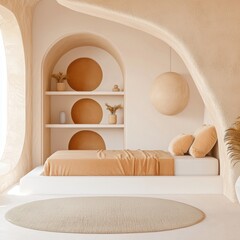 organic contemporary kids room, soft bed, built in round shelves, dusty clay rug, neutral warm palette, cozy design, no plants