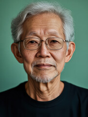 Obraz premium Portrait of an Asian Elderly: A poignant portrait of a wise, Asian elderly man with distinguished features, wearing eyeglasses and a calm expression, against a soft backdrop.