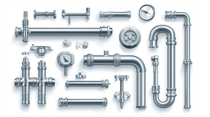 Obraz premium Realistic 3D vector illustration of a water meter and pressure regulator. Set of metallic stainless steel pipes, plumbing fittings