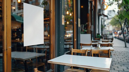 blank poster stuck on the front window of the restaurant,display,promotion