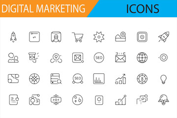 Digital Marketing Symbols: Light Bulb, Thumbs Up, Cart, and Graph Icons in Line Art