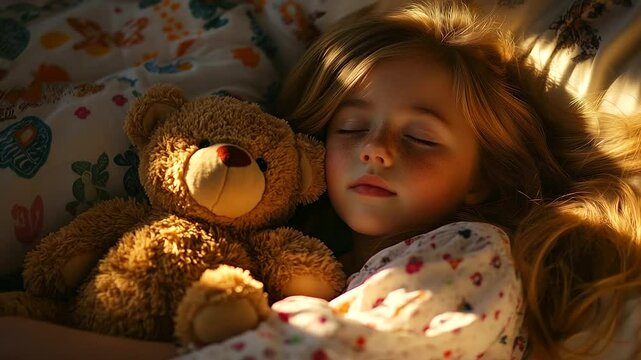 A serene, candid moment of a child hugging her teddy bear in her sleep, nestled in warm, colorful bed linens, the joy of childhood reflected in her relaxed expression under the mor
