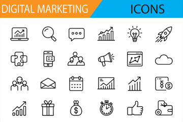 Digital Marketing Tools Icons: Rocket, Graphs, Thumbs Up, and Email Symbols