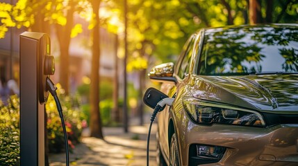 Charging electric vehicle closeup urban park automotive photography green environment daylight sustainable transportation