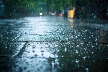 Rainwater droplets falling on wet pavement during a rainy day in an urban setting, Rainy on floor background, Rain water drop