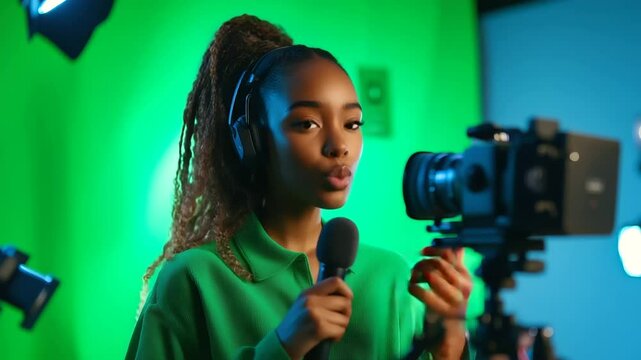 Behind-the-scenes shot of a woman mid-recording, holding a microphone and leaning forward to emphasize a point, creative lighting highlighting her facial features and workspace aes