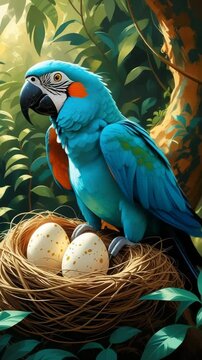 Vibrant Blue Macaw Perched on Nest with Eggs in Lush Rainforest Setting