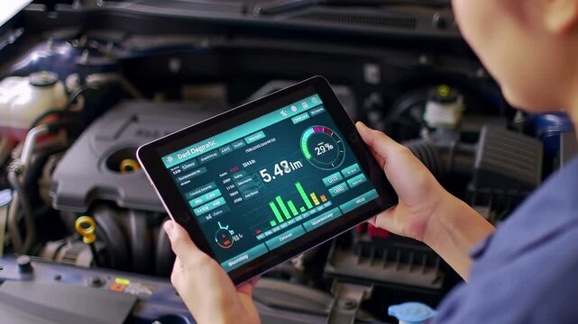 Automotive technician using digital tablet with diagnostic interface near vehicle engine. Mechanic monitoring car performance data with electronic scanner tool. Digital metrics display performance - Powered by Adobe