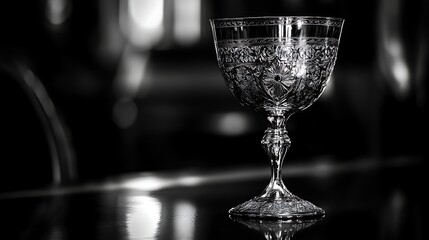 Ornate crystal goblet on a dark surface.