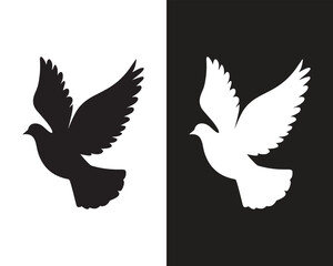 Obraz premium Black and White Flying Pigeon Silhouette Icon – Peace Symbol Bird Illustration on Split Background