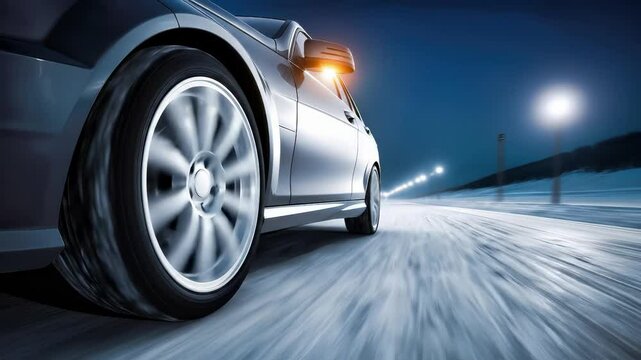 Luxury silver car driving at speed on night road. Dynamic wheel motion blur shows performance and power. Premium vehicle with elegant alloy rim and illuminated blinker travels fast on smooth highway