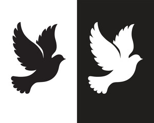Obraz premium Black and White Flying Pigeon Silhouette Icon – Peace Symbol Bird Illustration on Split Background