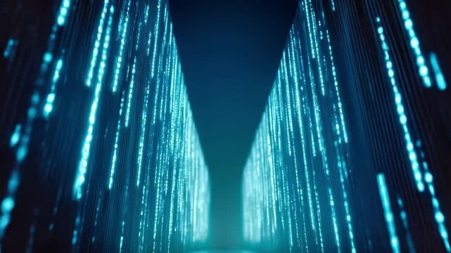 Digital blue light streams flowing through dark technical environment. Futuristic network data transmission with glowing cyber connections. Abstract technology pattern with illuminated lines