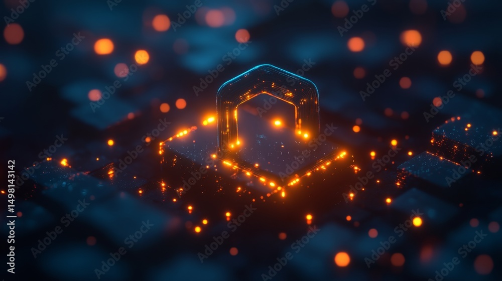 Poster visualizing cybersecurity digital padlock with glowing data nodes virtual environment infographic co