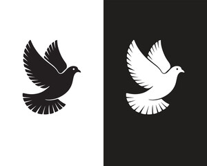 Obraz premium Black and White Flying Pigeon Silhouette Icon – Peace Symbol Bird Illustration on Split Background